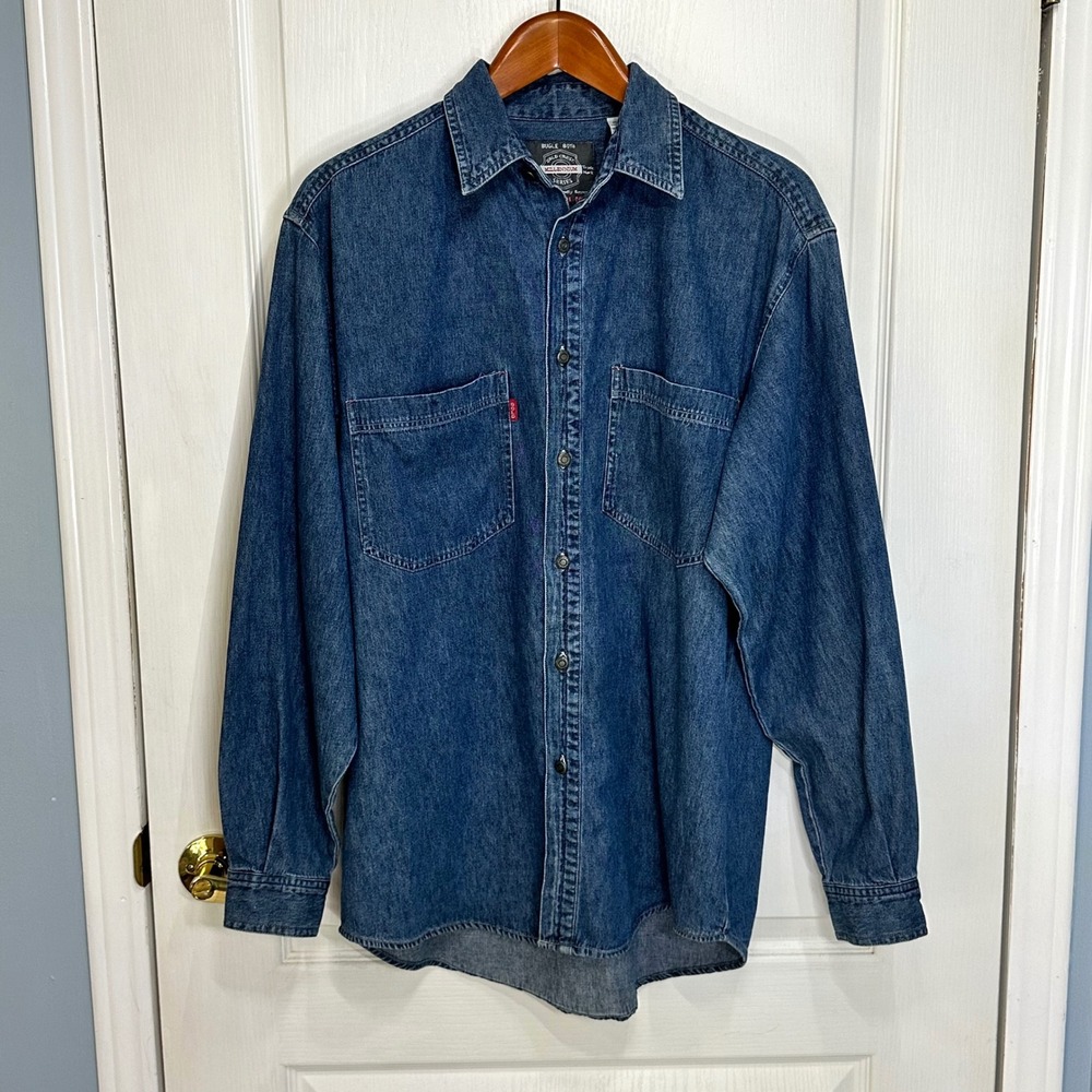 Bugle Boy Gold Crest Millennium Series Denim Shirt Mens Medium Blue Long Sleeve - Picture 8 of 8